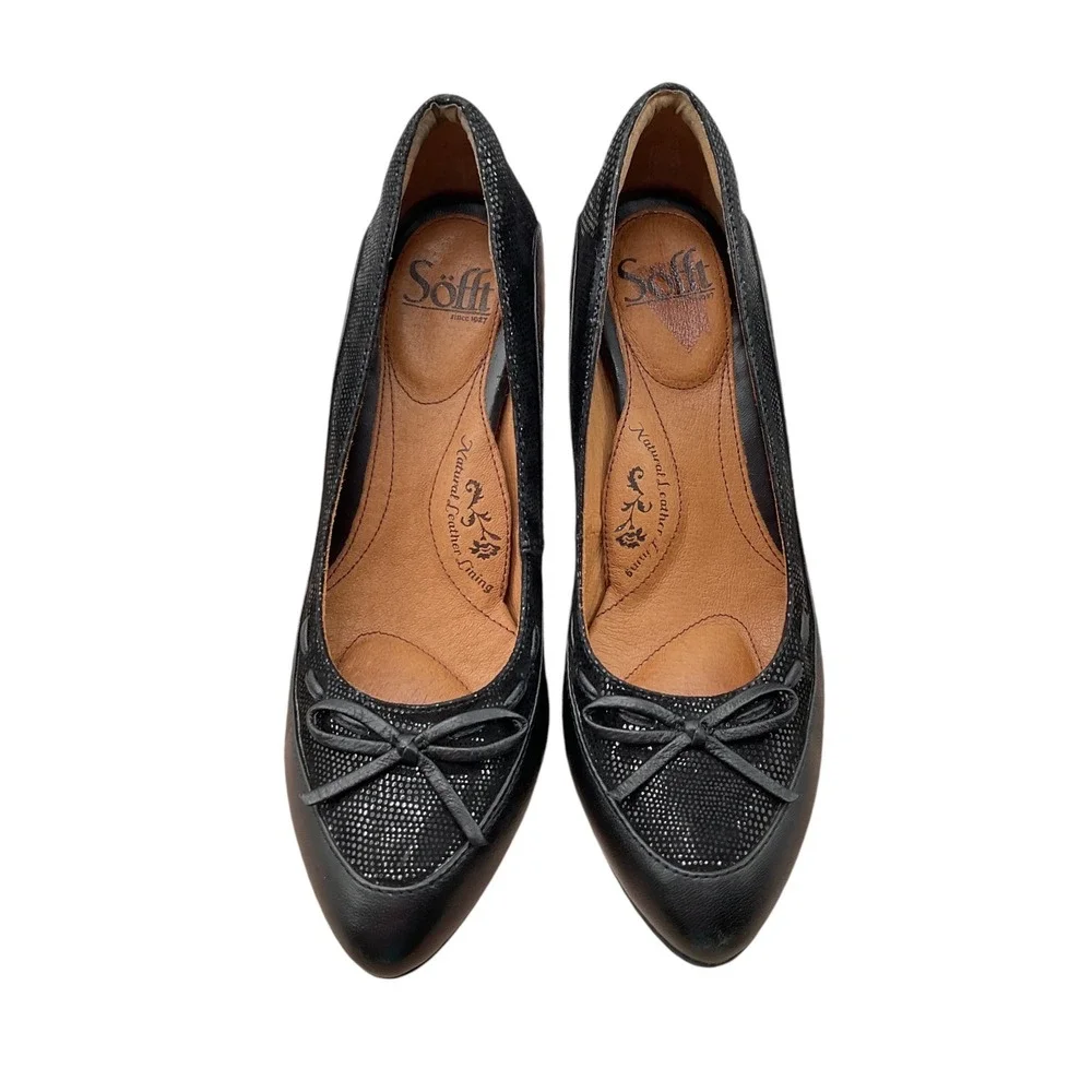 Sofft Womens Black Leather Textured Bow‎ Accent Almond Toe Pumps Heels Size 8 M